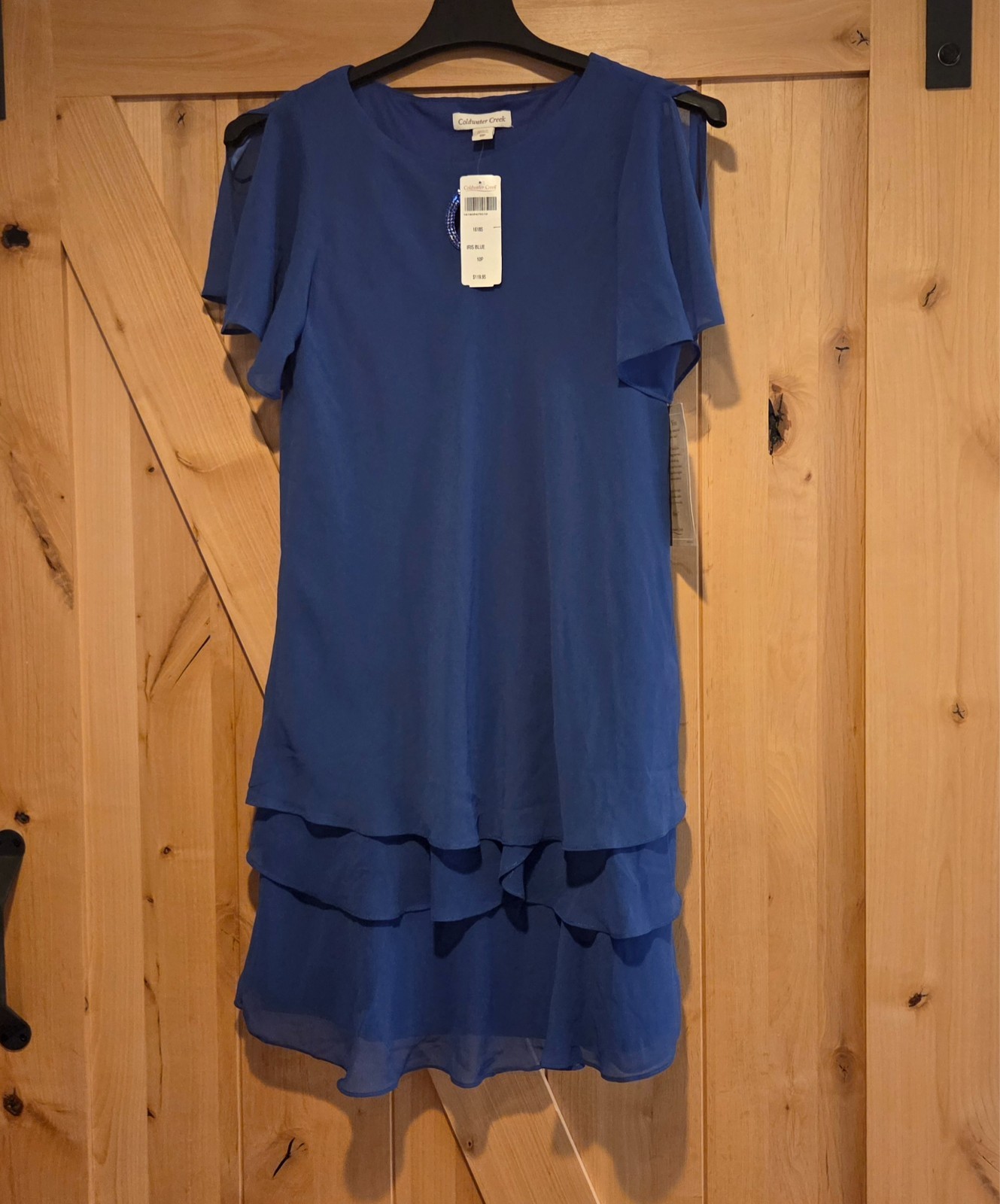 New! Coldwater Creek Sz 10P Iris Blue Chiffon Tiered Knee Length Dress Cocktail