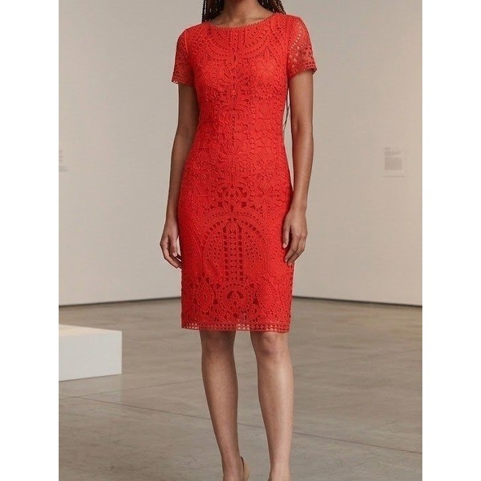 St. John Red Guipure Lace Sheath Dress Silk Lining Size 6