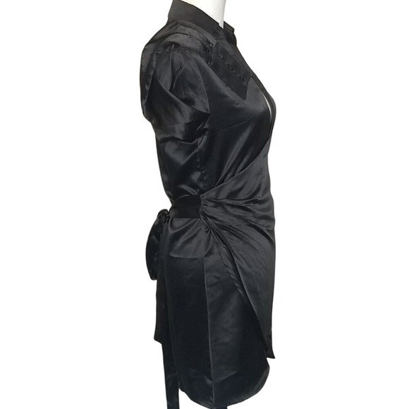 FINESSE Black Satin Ruched Wrap Mini Shirt Dress Button Cuff S LBD Romantic Dark
