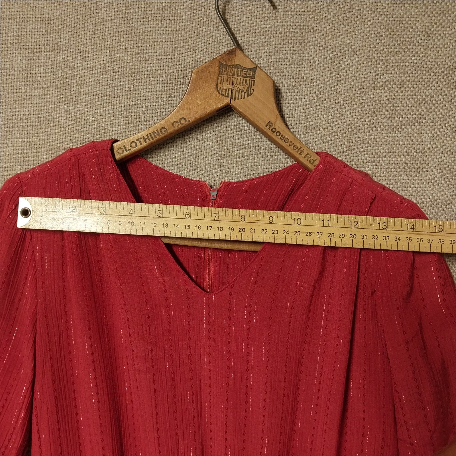Vintage 1980s Red Plum Stripe Embroidered Midi Secretary Dress V Neck Size Small
