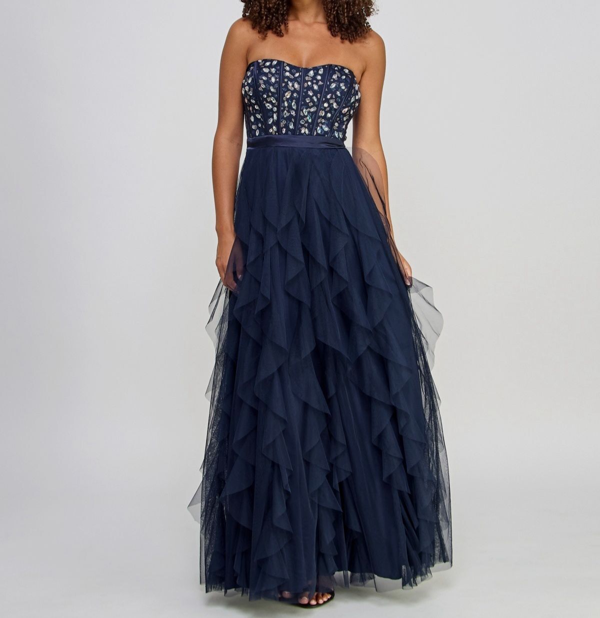 Pear Culture Womens Juniors Blue Embellished Mesh Lace Up Formal Dress Size 9/10