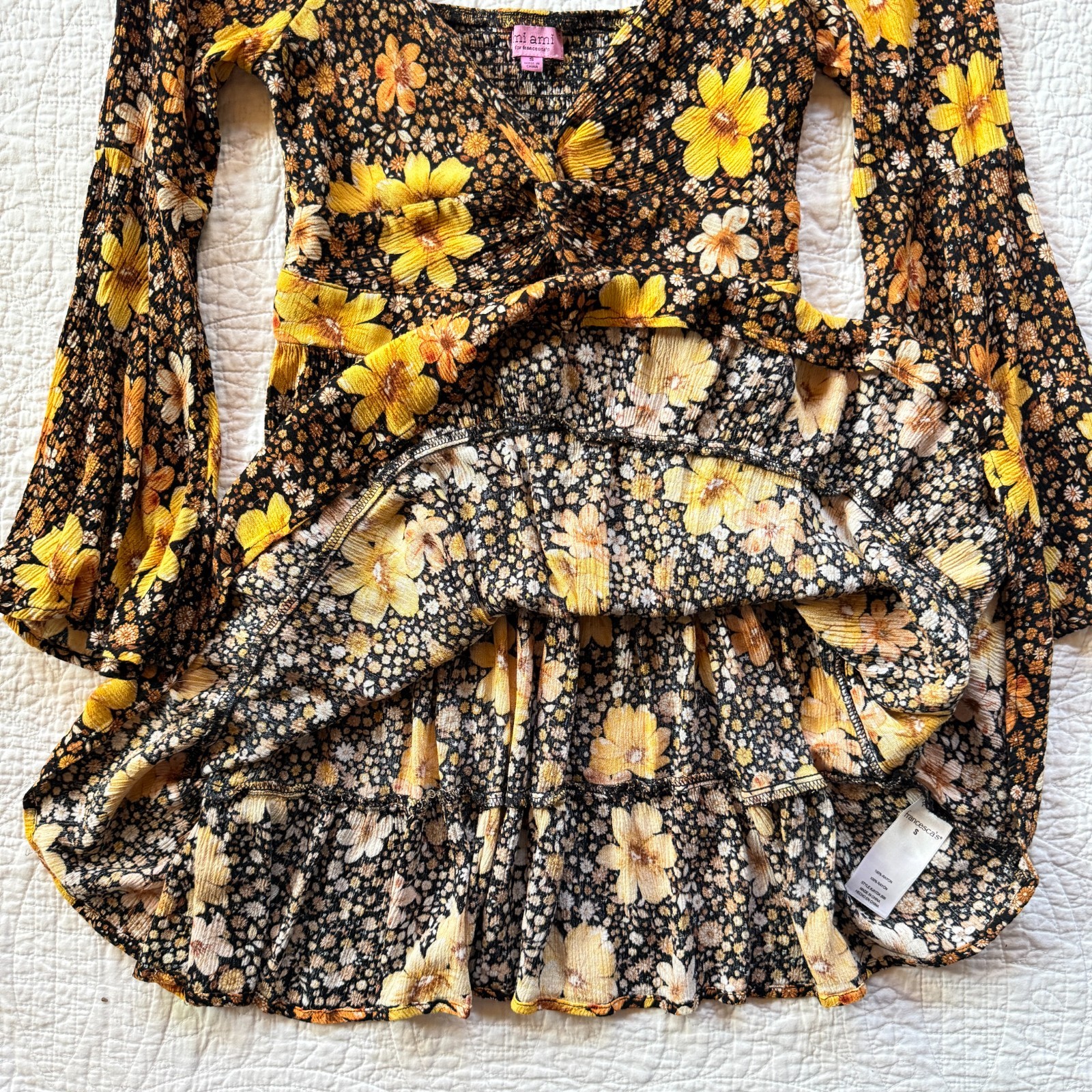 Boho-Chic 70s Hippie Floral Mini Dress Bell Sleeves Sz S Cottagecore Whimsigoth