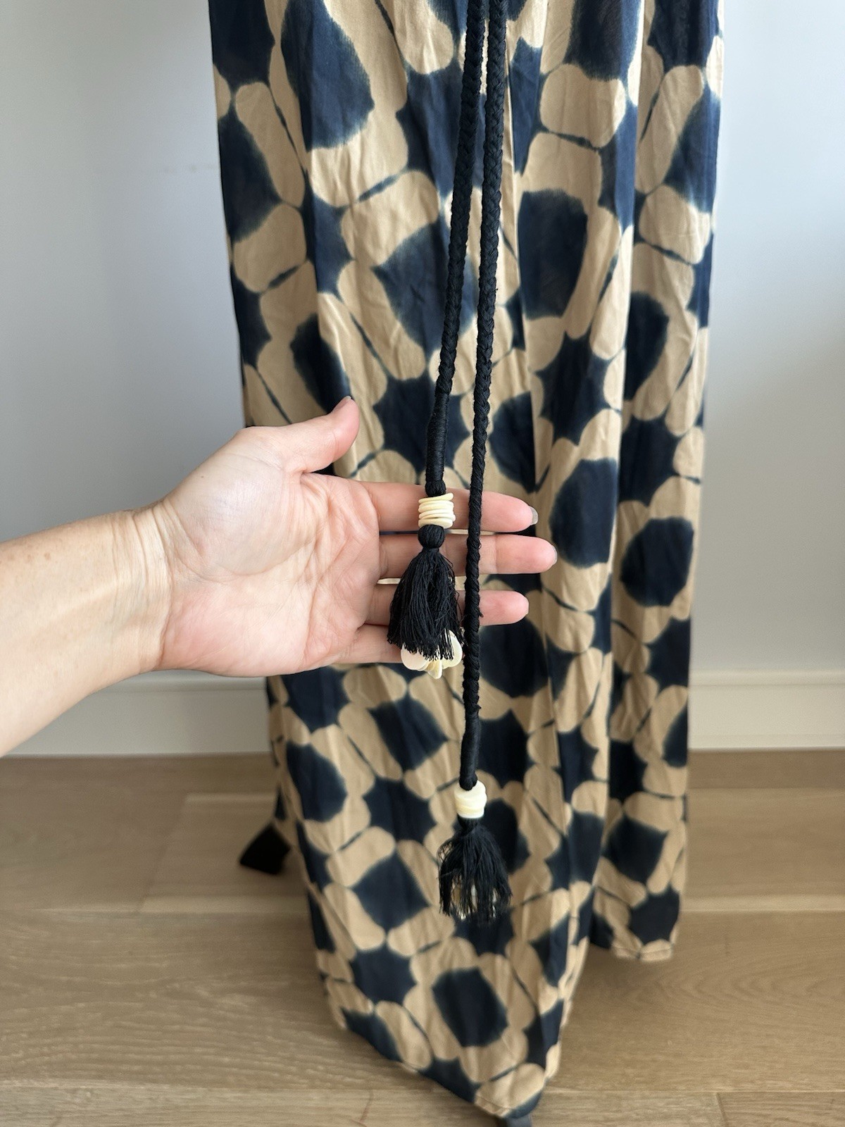 Zara Tan & Navy Geometric oversized Kaftan Dress Drawstring 100% Modal (XS-S)