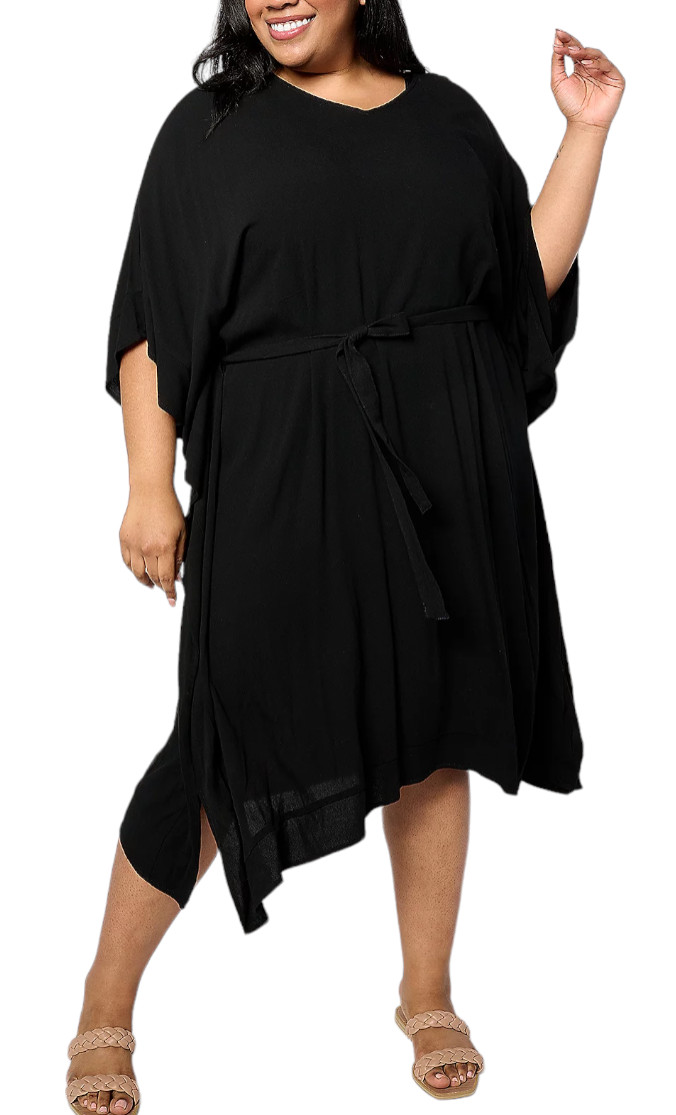 Denim & Co. Beach Woven Crepe Resort Caftan with Side Slits Black
