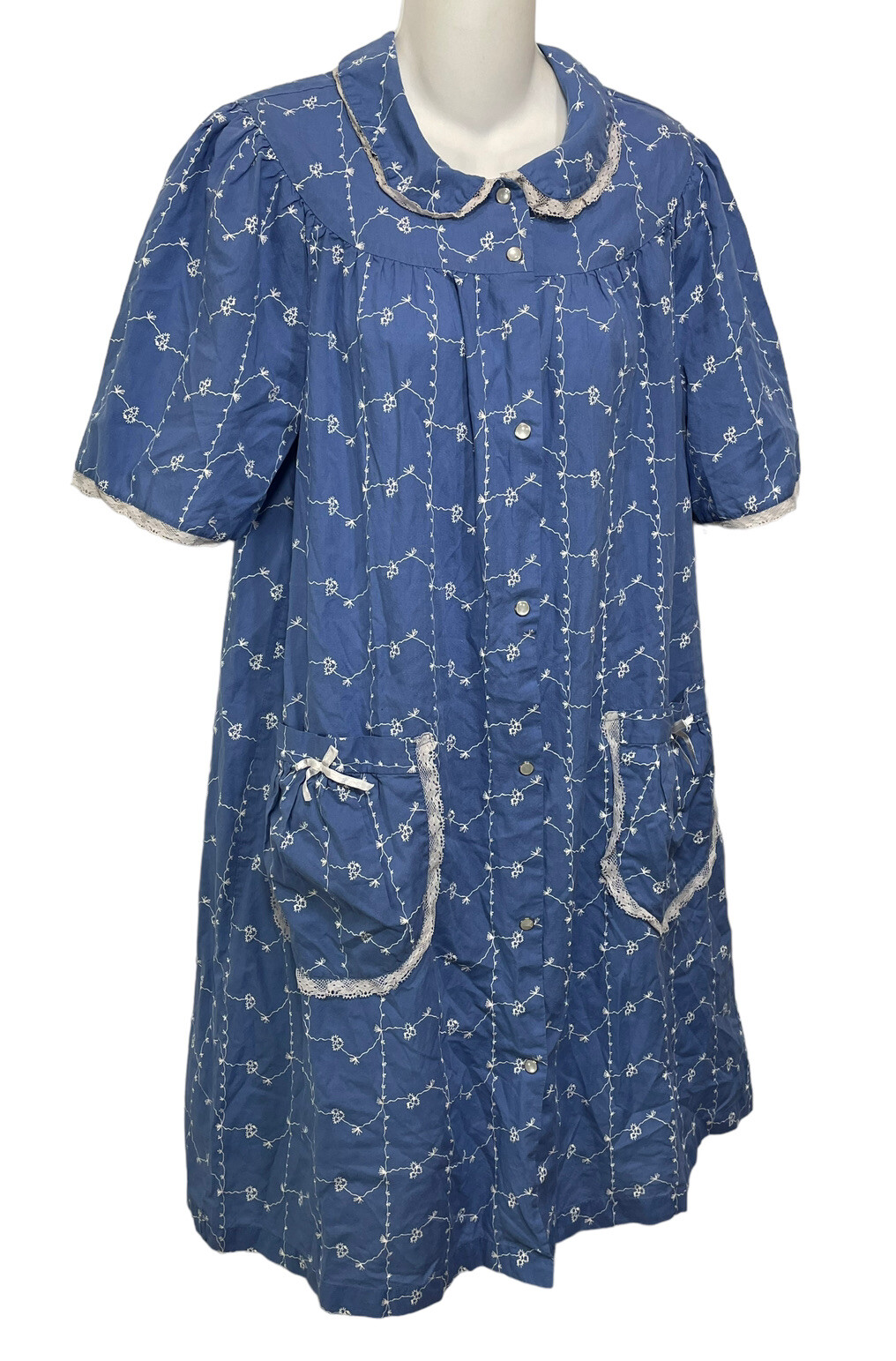Vintage Smock Dress Size Medium Blue Floral Lace Pearl Snaps House Coat BLAIR M