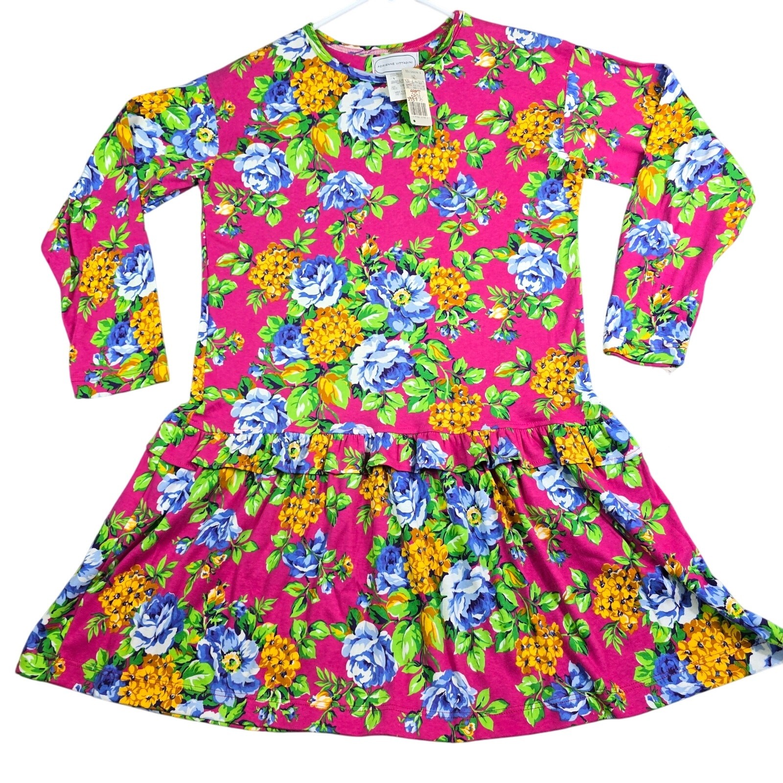 Vintage 80’s Adrienne Vittadini Flare Dress Lg 14 Pink Floral Layer Hudson’s NOS