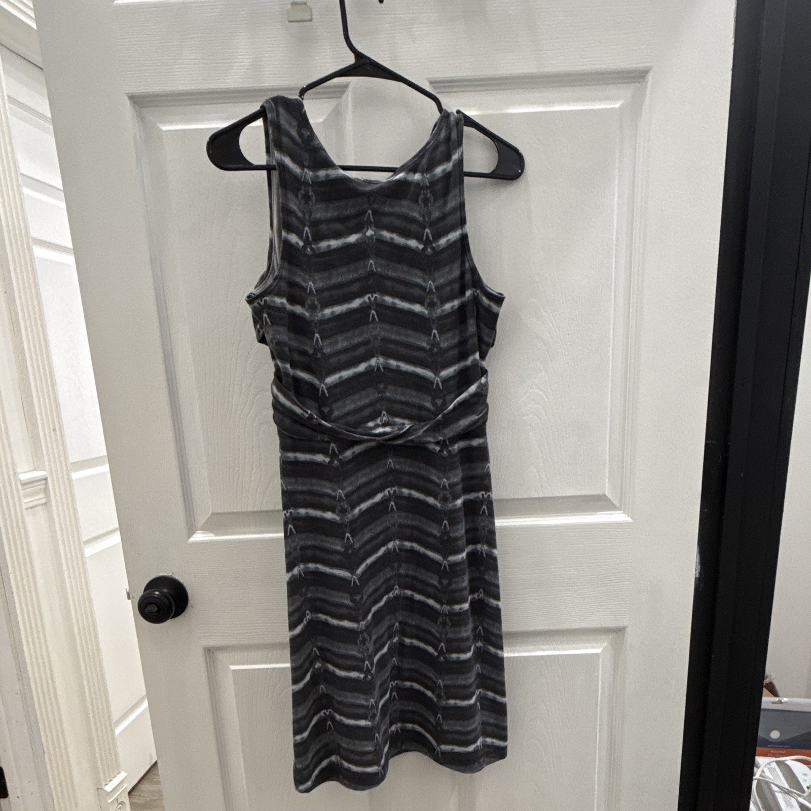 Athleta Striped Ruched Stretch Knit Tank Dress Gray/Black Scoop Neck S