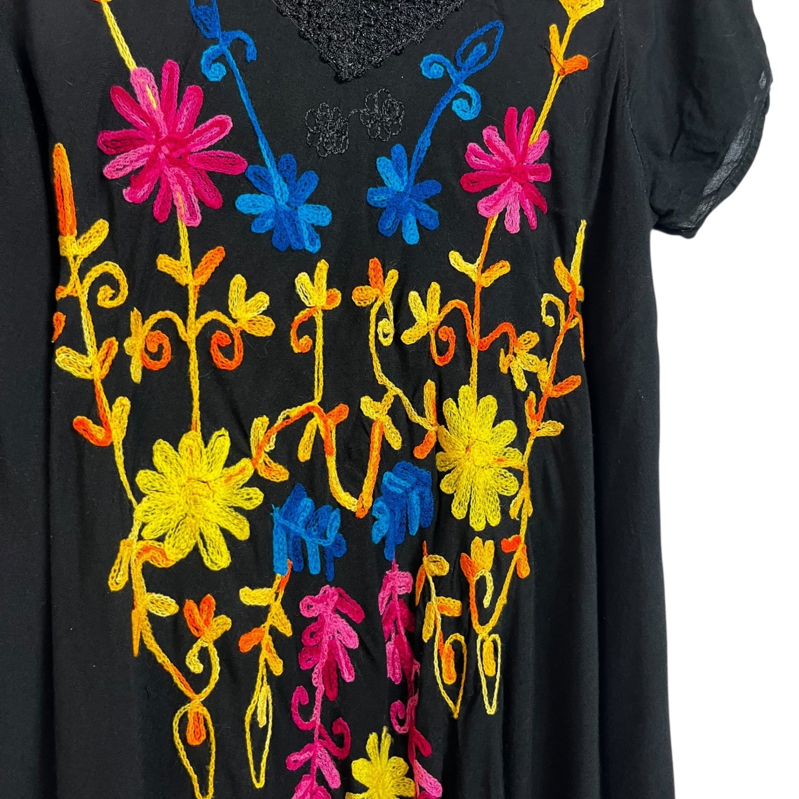 Exist Black Rayon Floral Embroidered Boho Tunic Dress V-Neck Free Size India