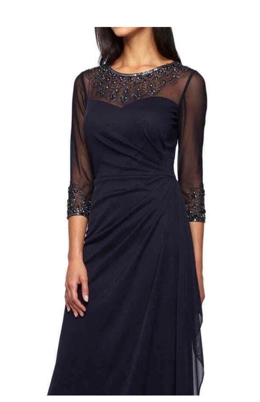 NWT Alex Evenings Womens SZ 14P Dark Navy Long Sleeve Jeweled Formal $239