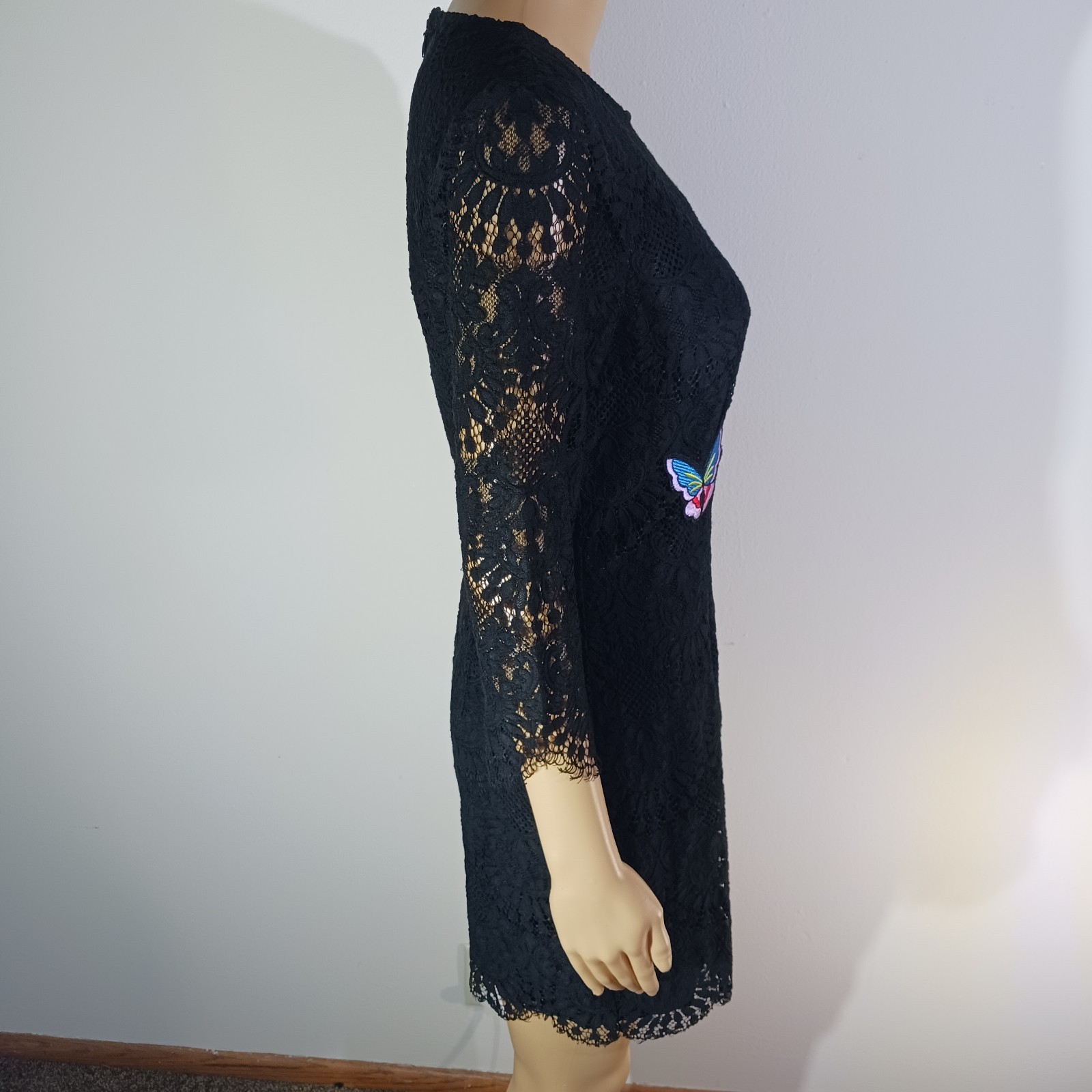 AMT Black Lace Butterfly Embroidered Shift Dress Women’s Size S 3/4 Sleeve Boho