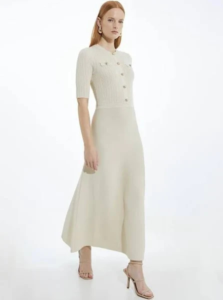 Karen Millen Rib Knit Military Trim Maxi Dress Size PL Petite Large Womens