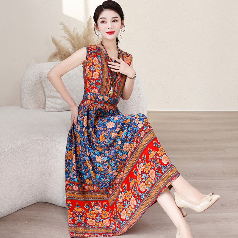 Women Summer Dress Sleeveless Boho Midi Floral Print V Neck A Line Sundress