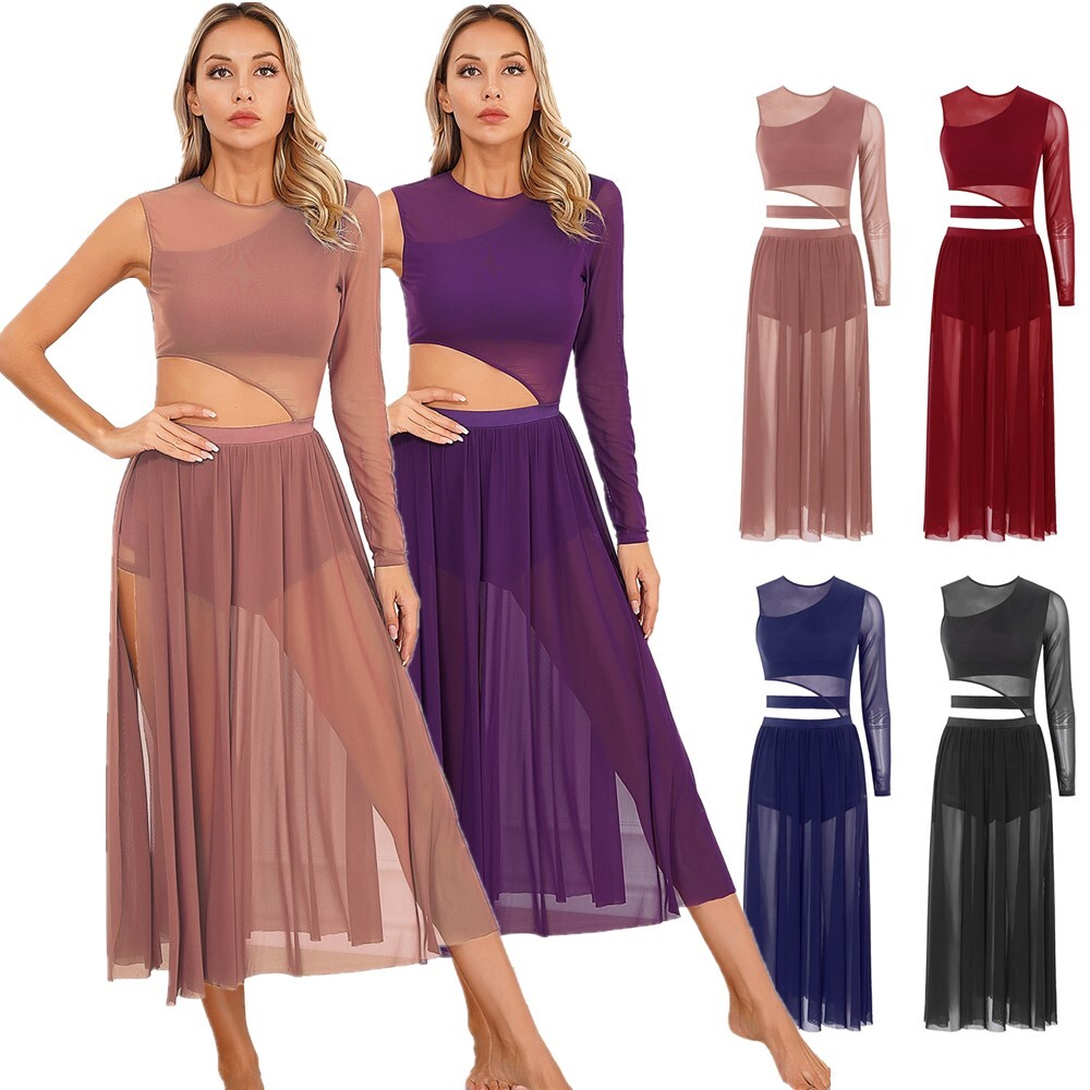Womens Lyrical Dance Costume Side Split Figure Skating Dresses Round Neck