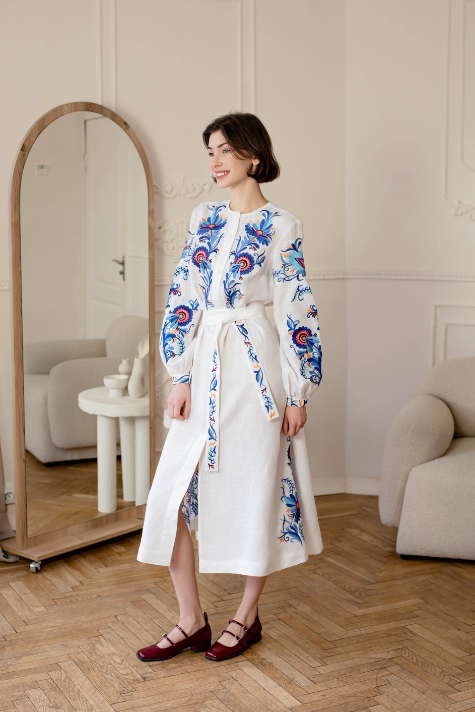 Women’s White Embroidered Linen Midi Dress Ukrainian Vyshyvanka Belt Boho Folk