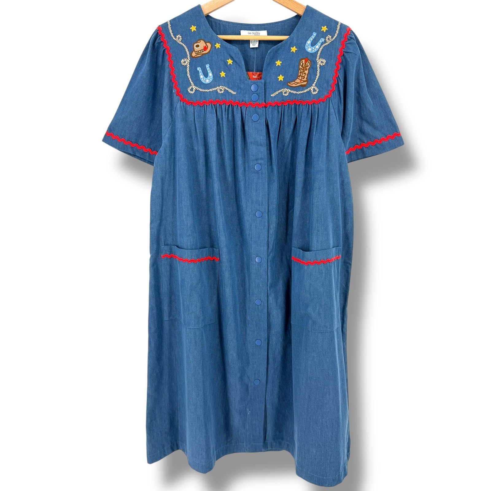 Go Softly Western Cowgirl Boot Denim Patio Dress Size M Embroidered Full Snap