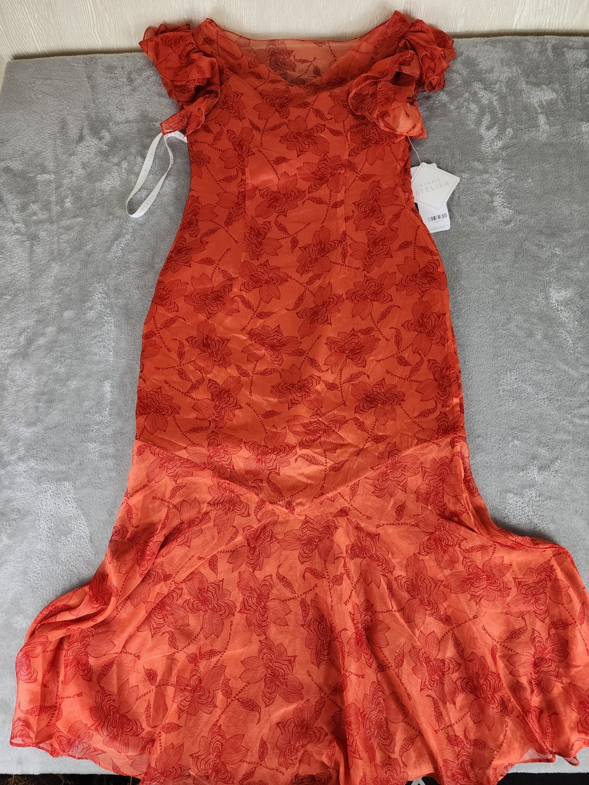 Azazie Atelier Amaria Orange Floral Ruffle Maxi Dress, Zip Closure, Women 10