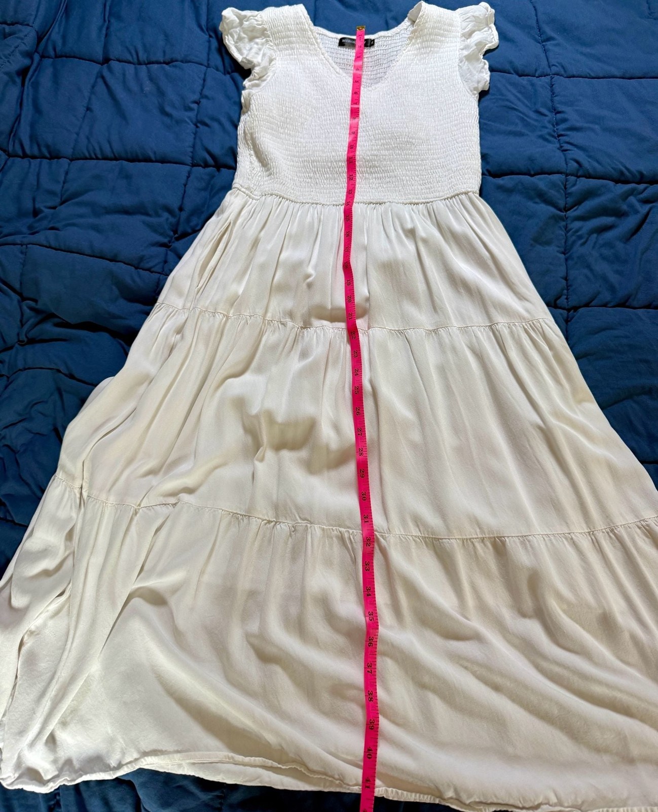 MEROKEETY Women’s White Smocked Flutter Sleeve Tiered Maxi Dress
