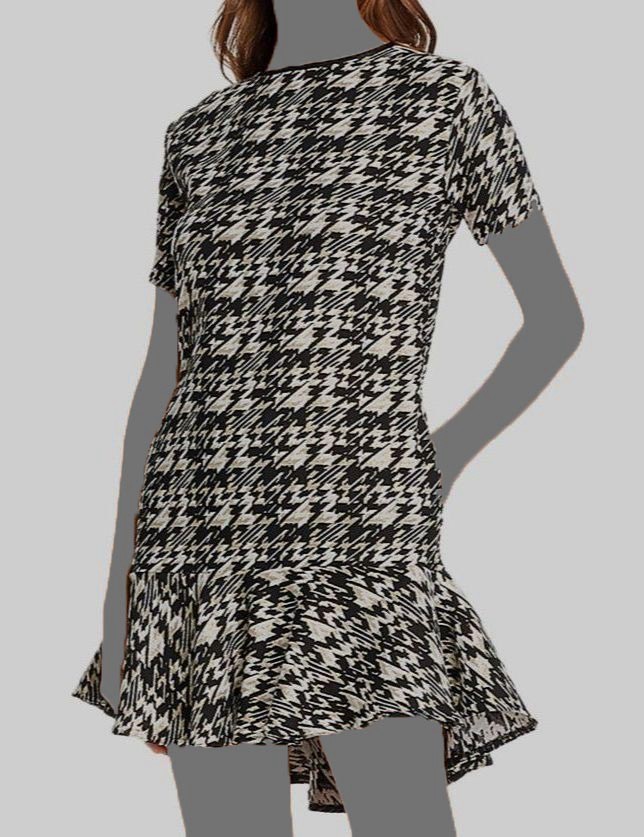 $214 Aqua Womens Black White Metallic Short-Sleeve Houndstooth Mini Dress Size M