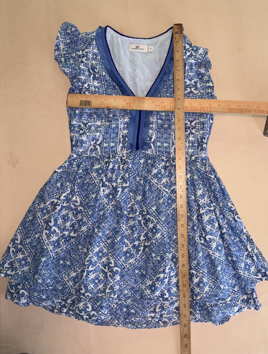 Vineyard Vines Cay Scarf Print Pintuck Mini Dress Blue White XS Ruffled Tiered