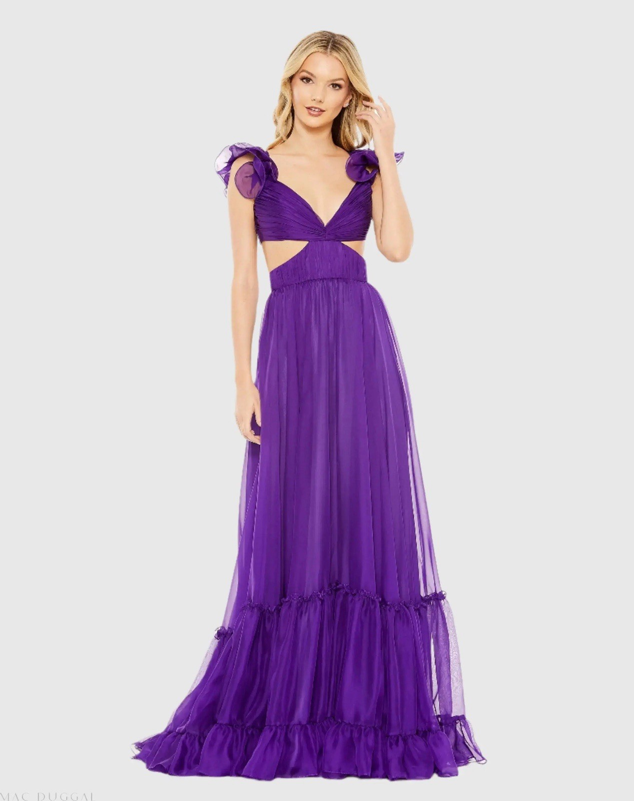 Mac Duggal Size 8 Purple 70254 Ruched Ruffled Shoulder Cut out Lace Up Gown Prom