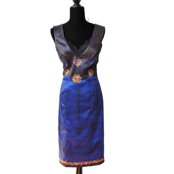 Dress Michal Negrin Crystals Flowers retro stile Black Blue Made in Israel