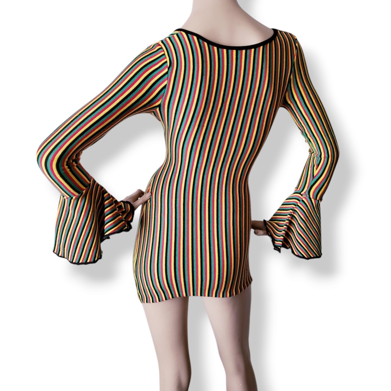 Rasta-Jamaican Colors Size Small Tie Front Bodycon Dress with Bell Sleeves