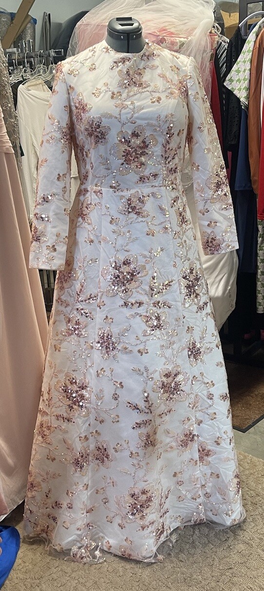 Pink FLORAL Sequence ￼ LONG SLEEVE High Round Neck GOWN Size L, Handmade.