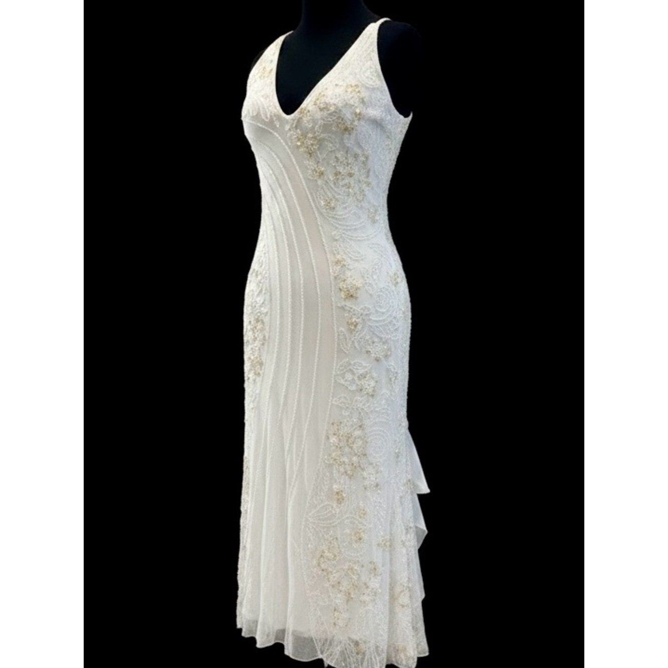 White hand Beaded Ruffle Backless Evening Dress. Power mesh stretch fabric.