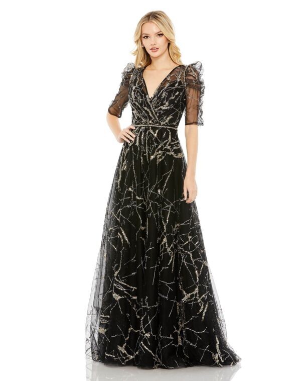 New Mac Duggal 20428 EMBELLISHED GATHERED Puff Sleeve Faux Wrap Gown 8 $798