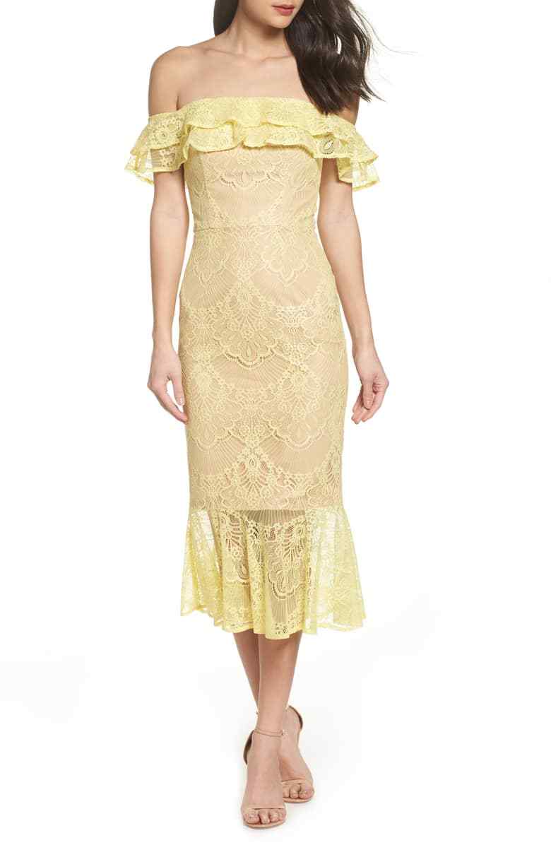 JARLO Yellow Floral Nude Sheer Lace Ruffle Off Shoulder Bardot Midi Dress 4 US S