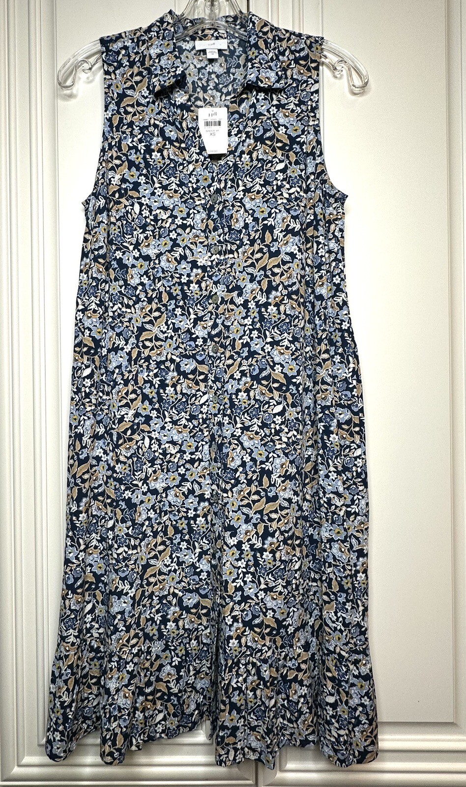 J Jill Women XS Button Front Blue/Tan/Floral Ruffle Hem Sleeveless V Neck Dress