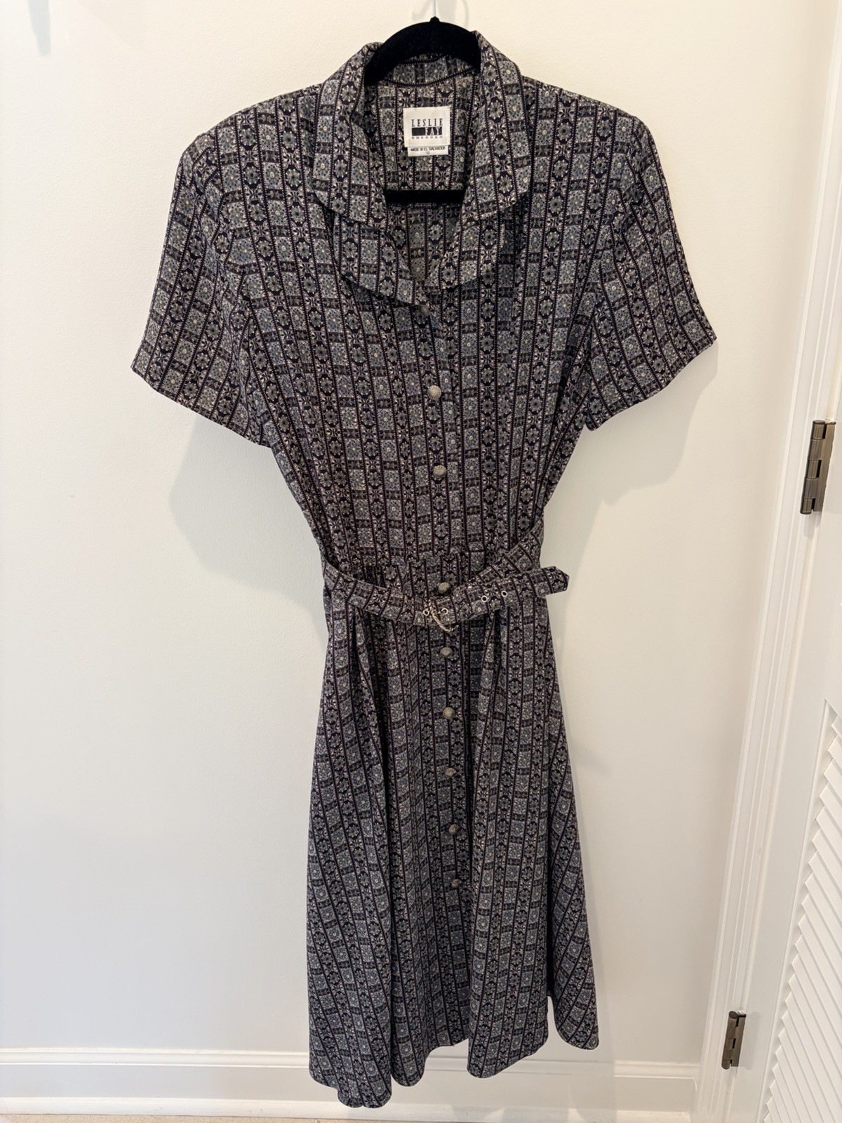 Leslie Fay Vintage Retro SS Button MIDI Dress Size 10. Metal Buttons/buckle