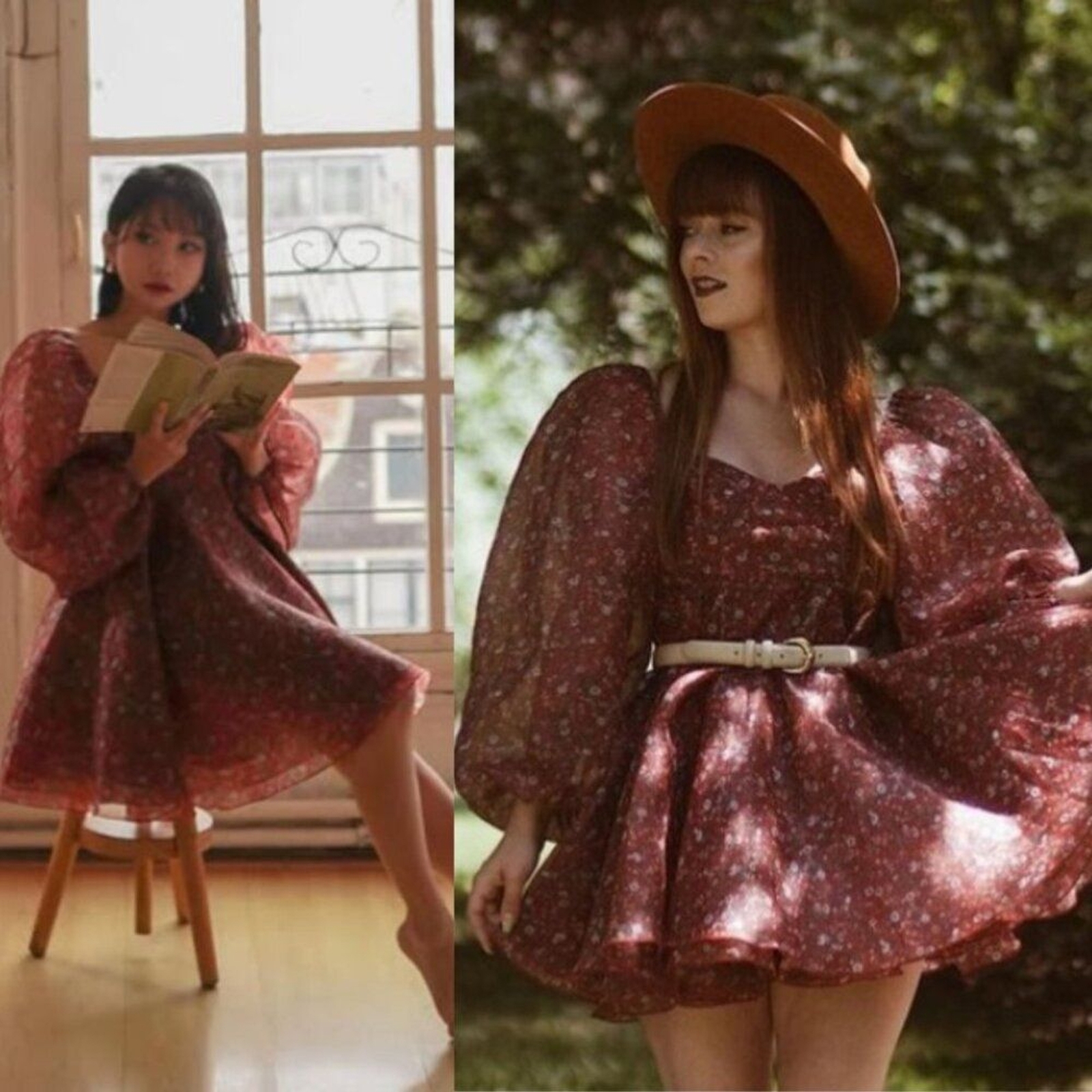 Selkie Princess Crimson Darling Red Floral Puff Sleeve Organza Mini Dress Size S
