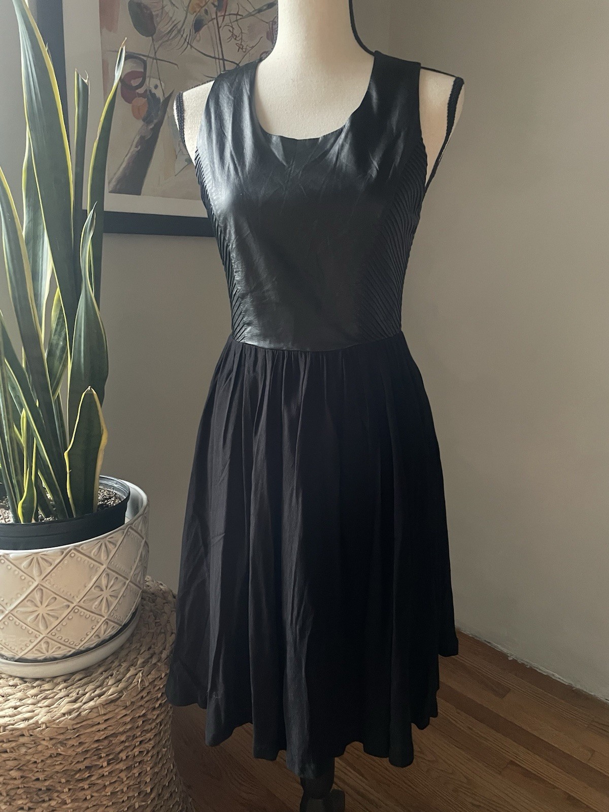 Line & Dot Black Dress Small Pleated Vegan Leather Bodice & Flowy Skirt Lined