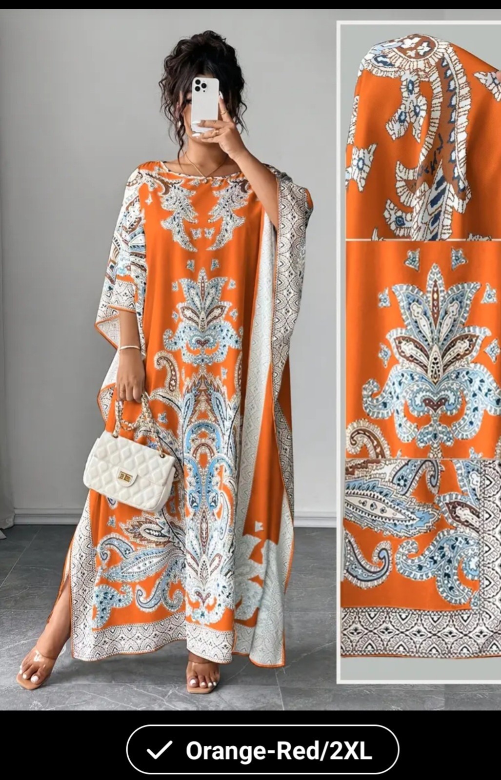 Orange White Blue Paisley Long Kaftan Dress Kimono Sleeve Round Neck 2XL