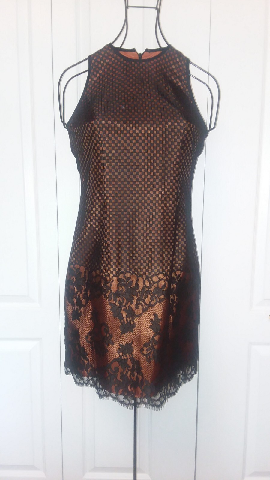 Vintage Black Lace And Copper Satin Slvls Halter Cocktail Dress Women’s Sz 6P