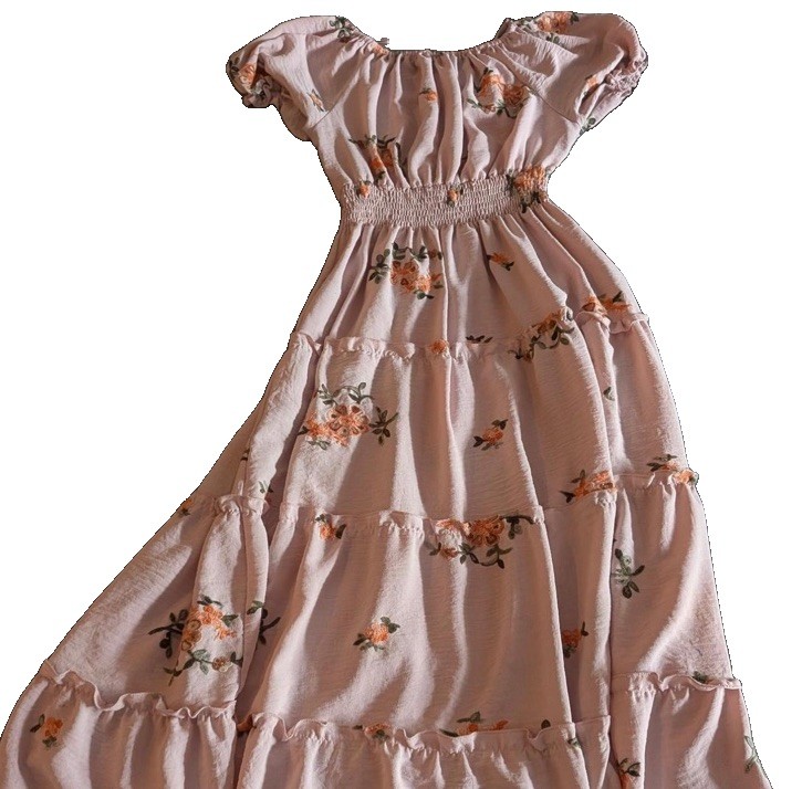 Anthropologie Kindred maxi dress Light Peach Pink L Embroidered Tiered Boho