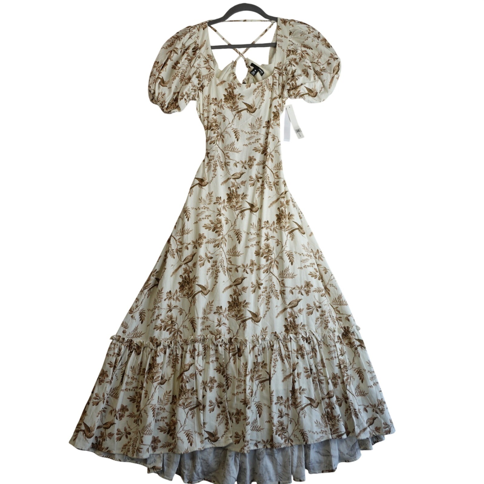 Linen Floral Bird Puff Sleeve Tiered Maxi Dress M Cream Tan Lace Up Back Cottage