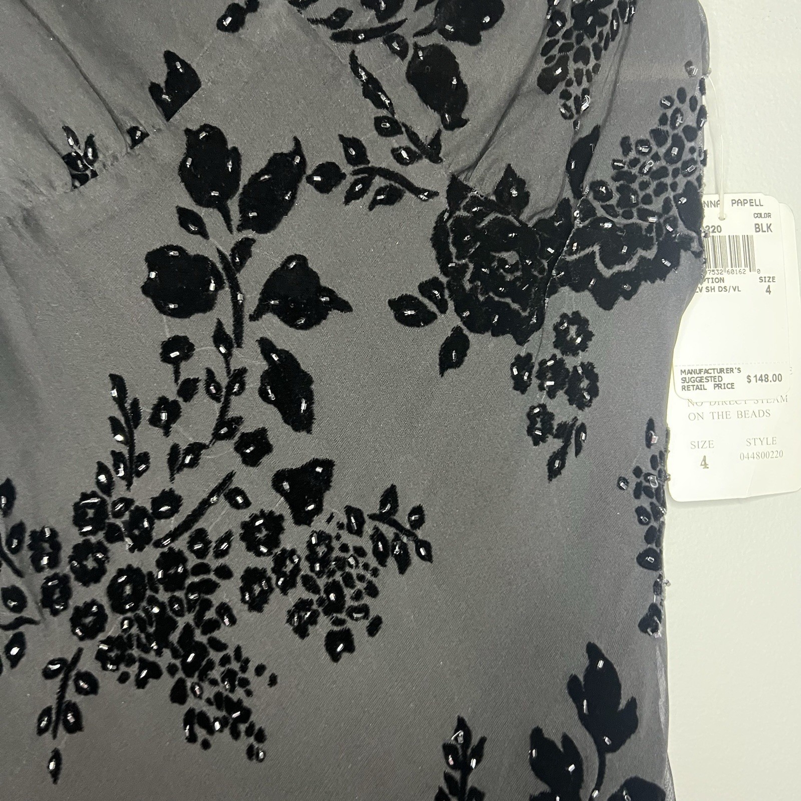 Papell Boutique Evening Dress Size 4 Velvet Silk Black Beaded Cocktail Party