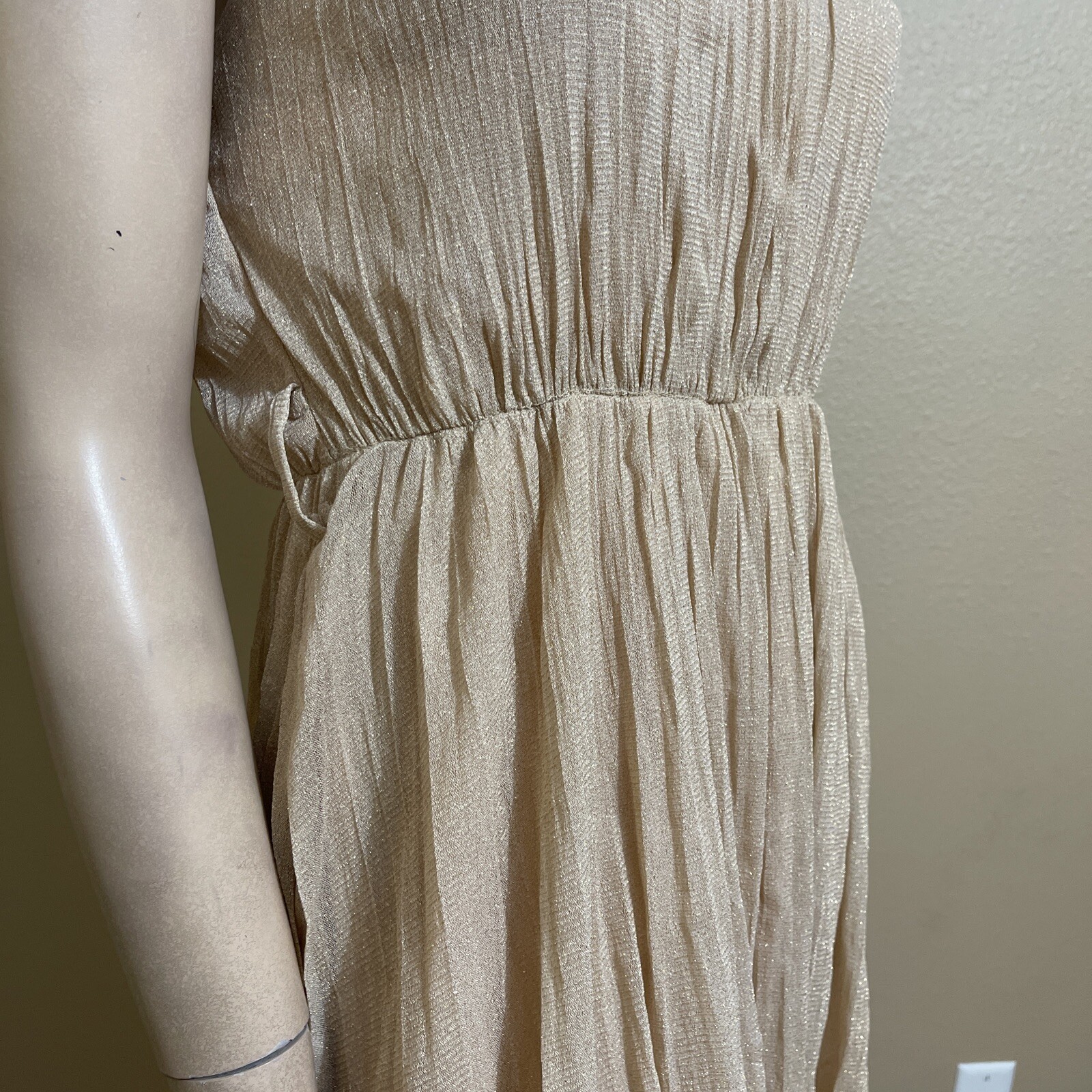 Women’s Beige Polyester Cocktail Layered Pleated Open On Tie Midi Size S Dress