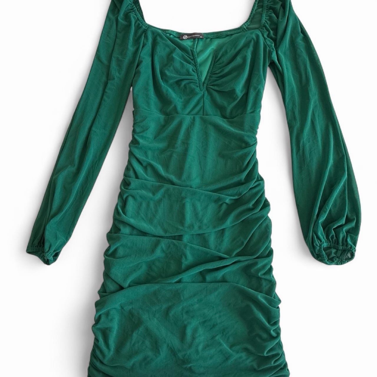Prettygarden Green Ruched Square Neck Puff Long Sleeve Bodycon Midi Dress S