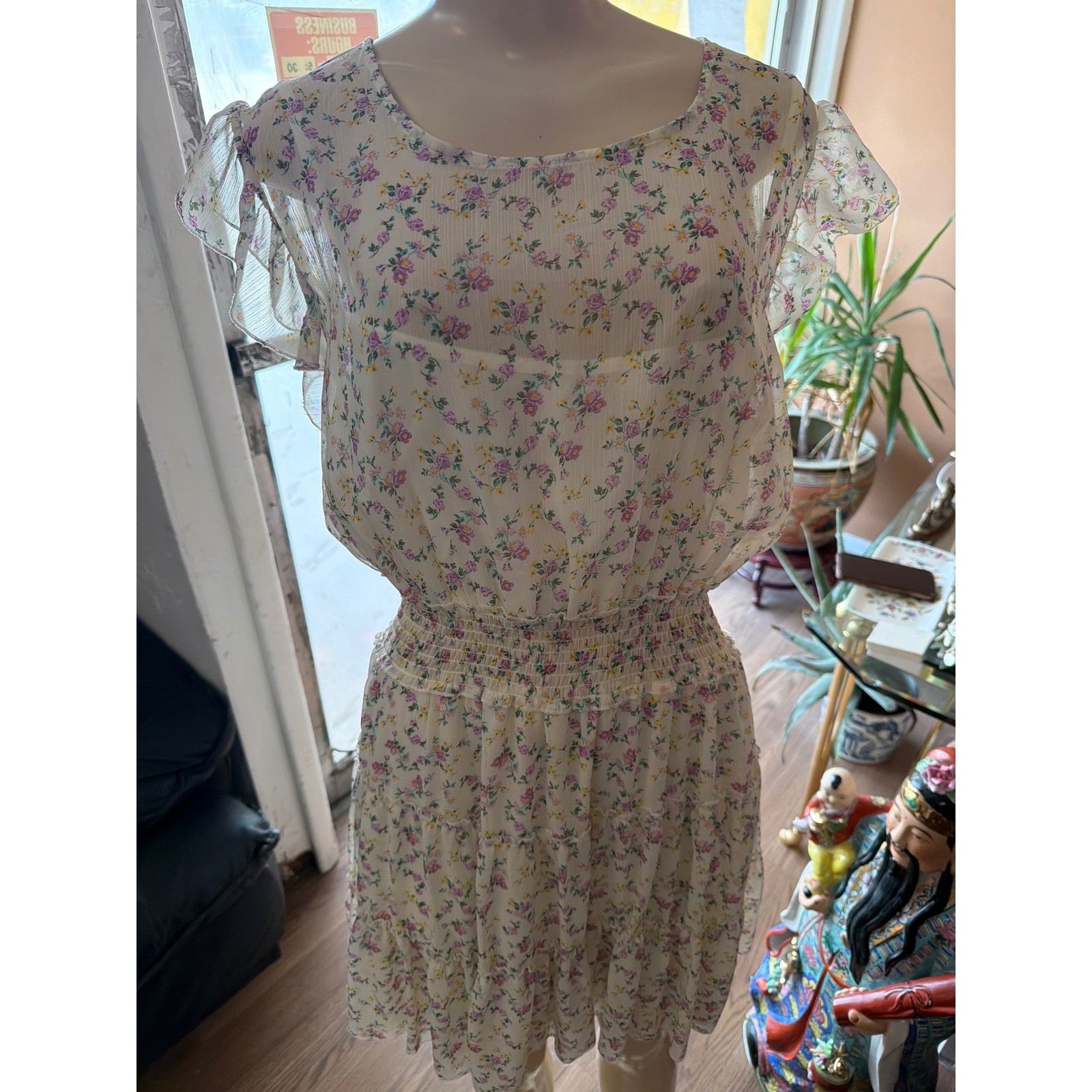 Floral Chiffon Smocked Waist Mini Dress Ruffle Flutter Sleeve Keyhole Back