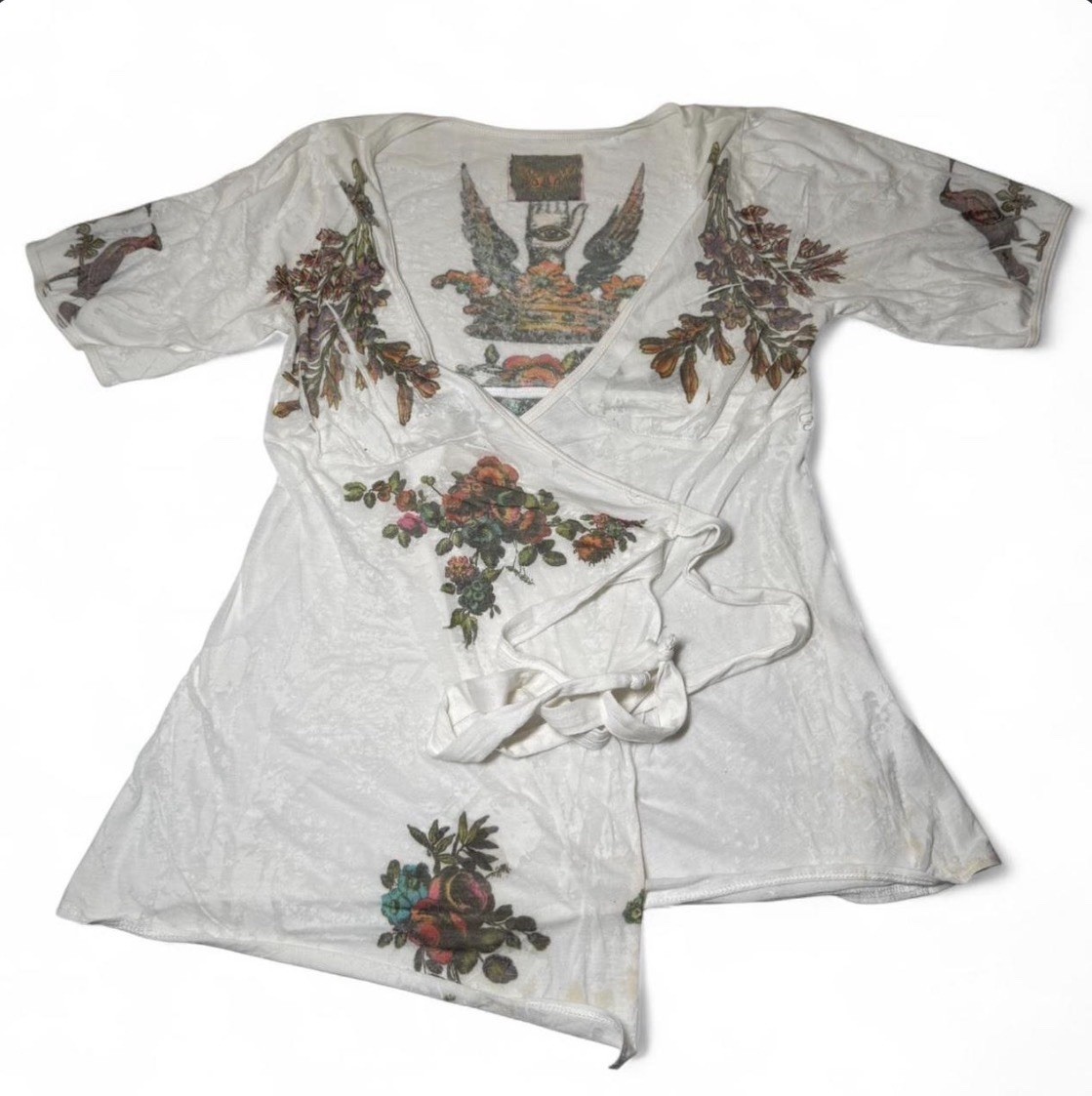 Y2K Butterfly Dropout Short Sleeve Floral Goddess White Colorful Wrap Top Sz L