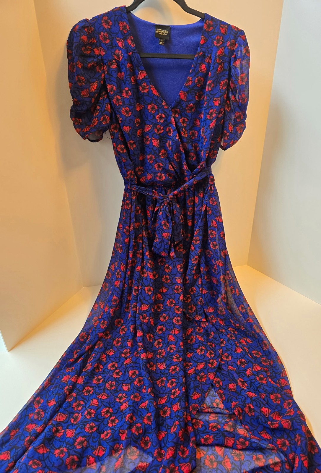 Disney Snow White Maxi Wrap Dress M Royal Blue Red Floral Dress