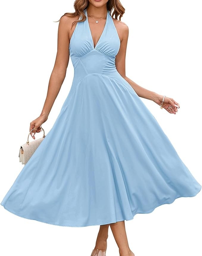 GLNEGE Women’s Summer Halter Wedding Guest Midi Dress Corset Flowy LSY4546A