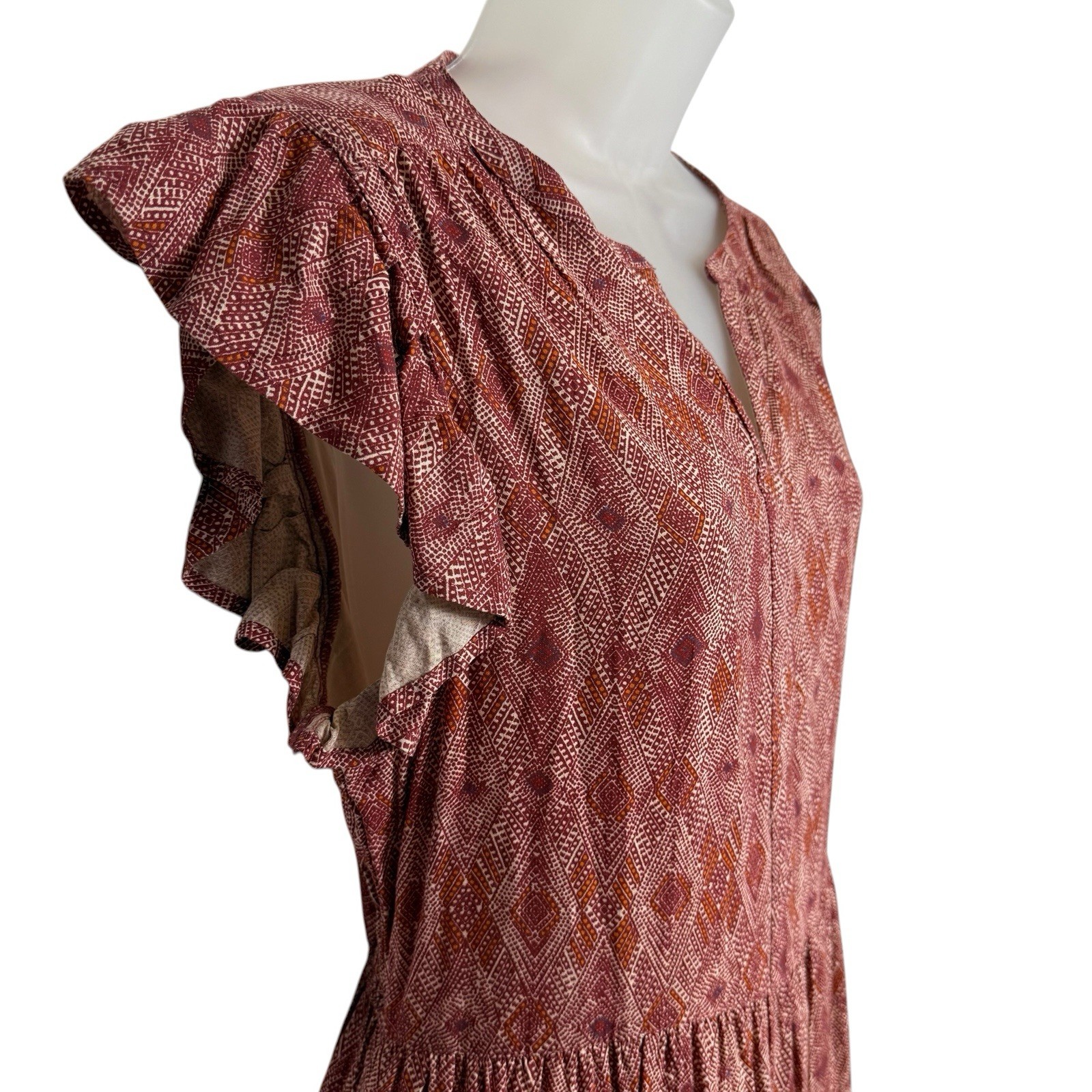 Sweet Magnolia Boho Midi Dress Medium Rust Geometric Tiered Flutter Sleeve