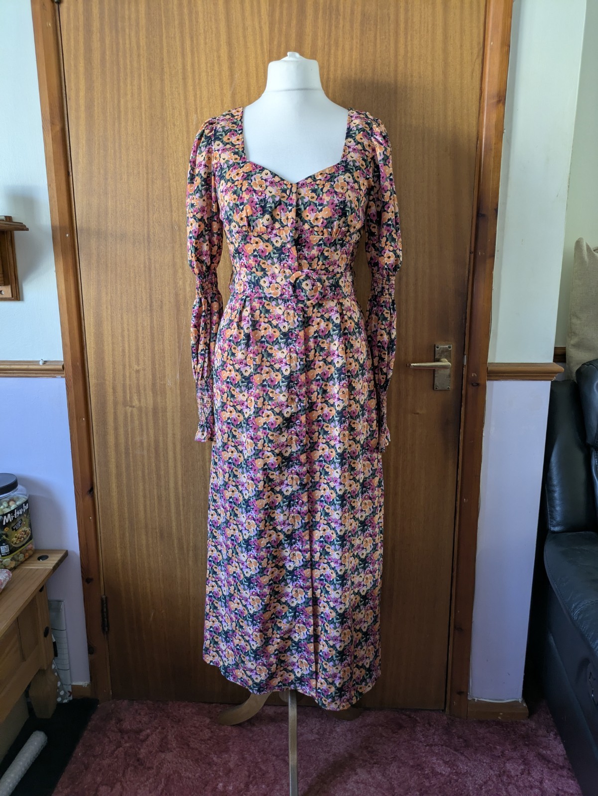 Nasty Gal Multicoloured Ditsy Floral Belted Midi Dress Cottagecore Prairie UK 10