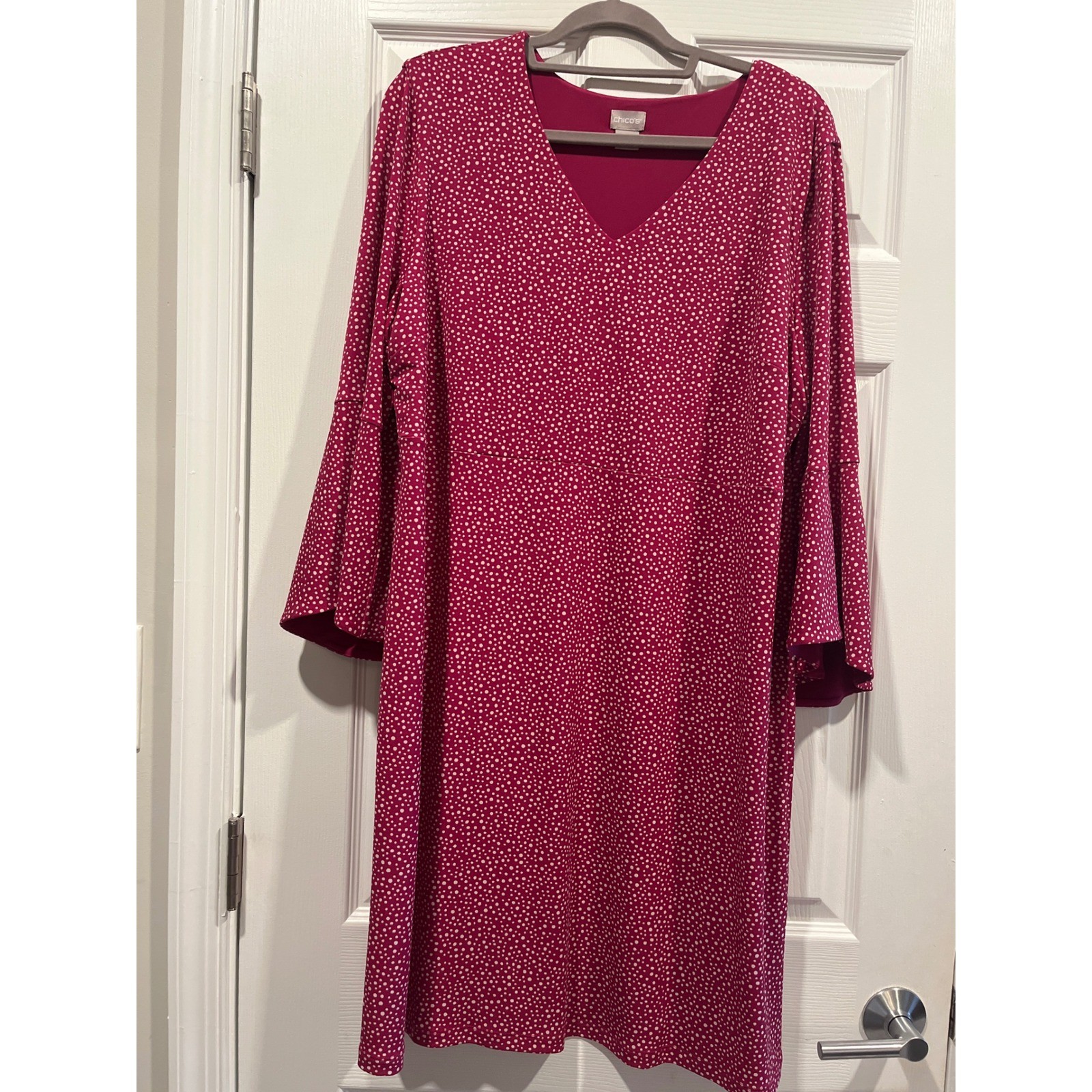 Chicos Raspberry Pink Polka Dot V-Neck Bell Sleeve Shift Dress Size 3 XL 16/18