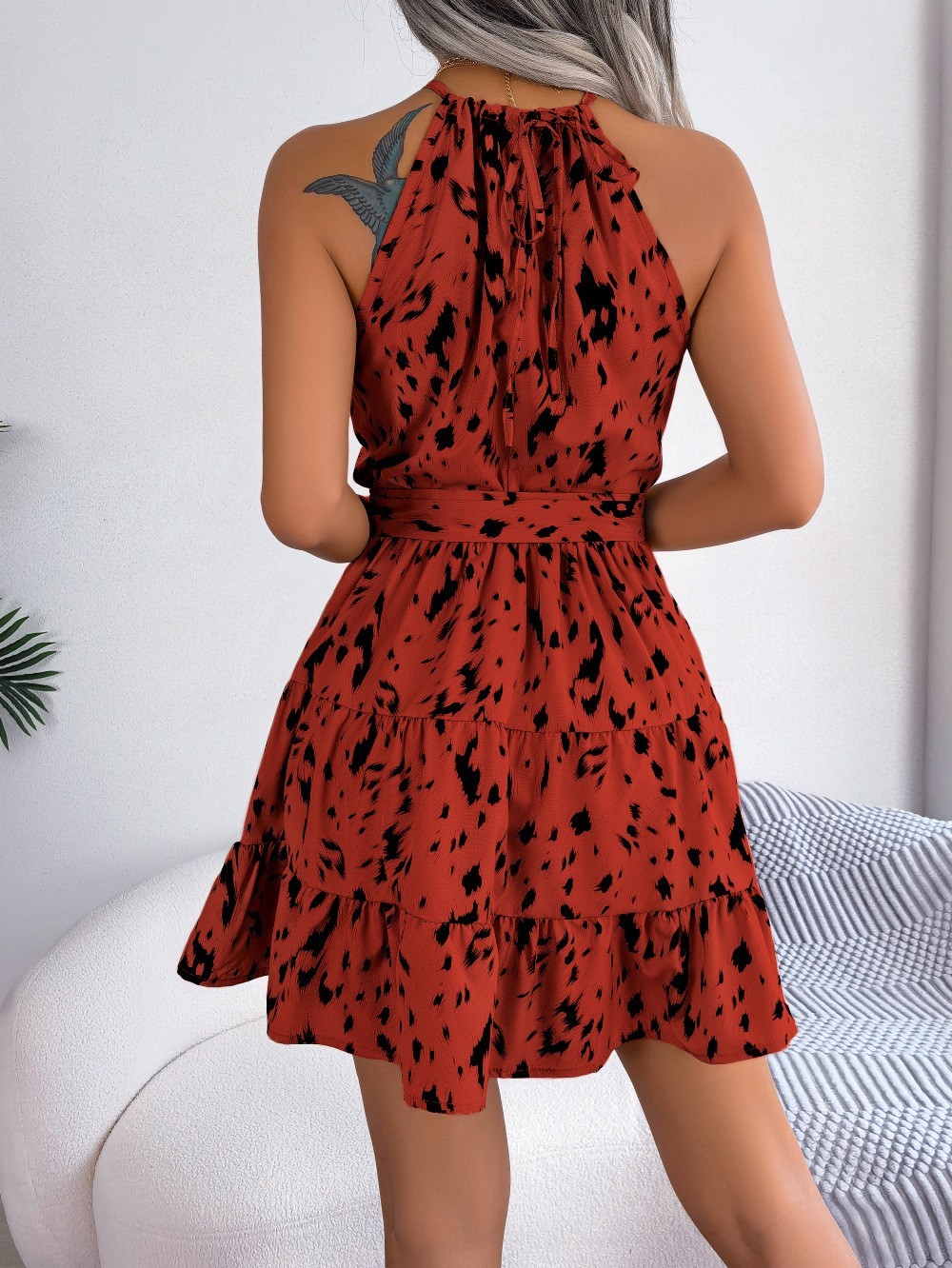 LEOPARD Halter Neck Mini DRESS SUMMER Ruffle A-Line Sleeveless Sun DRESS S-XL