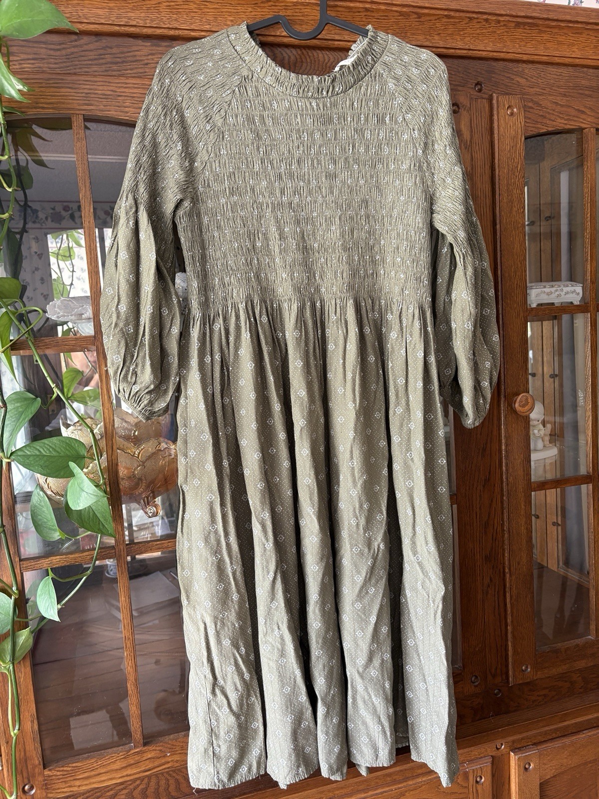 Roolee Green Smocked Midi Dress Geometric Print 3/4 Balloon Sleeve Size M